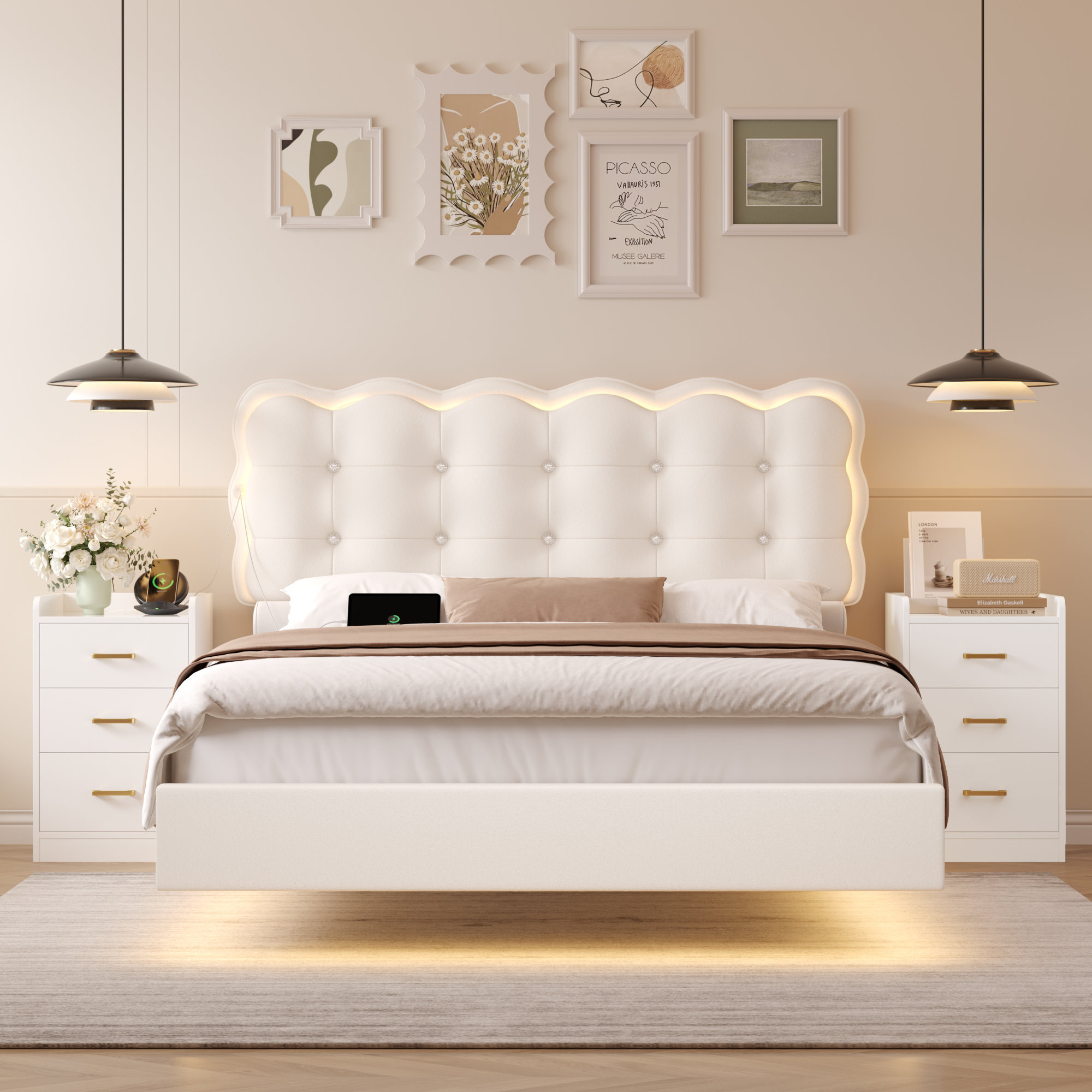 Wrought Studio™ 3-Piece Bedroom Set, Floating Bed & 2 Nightstands With ...